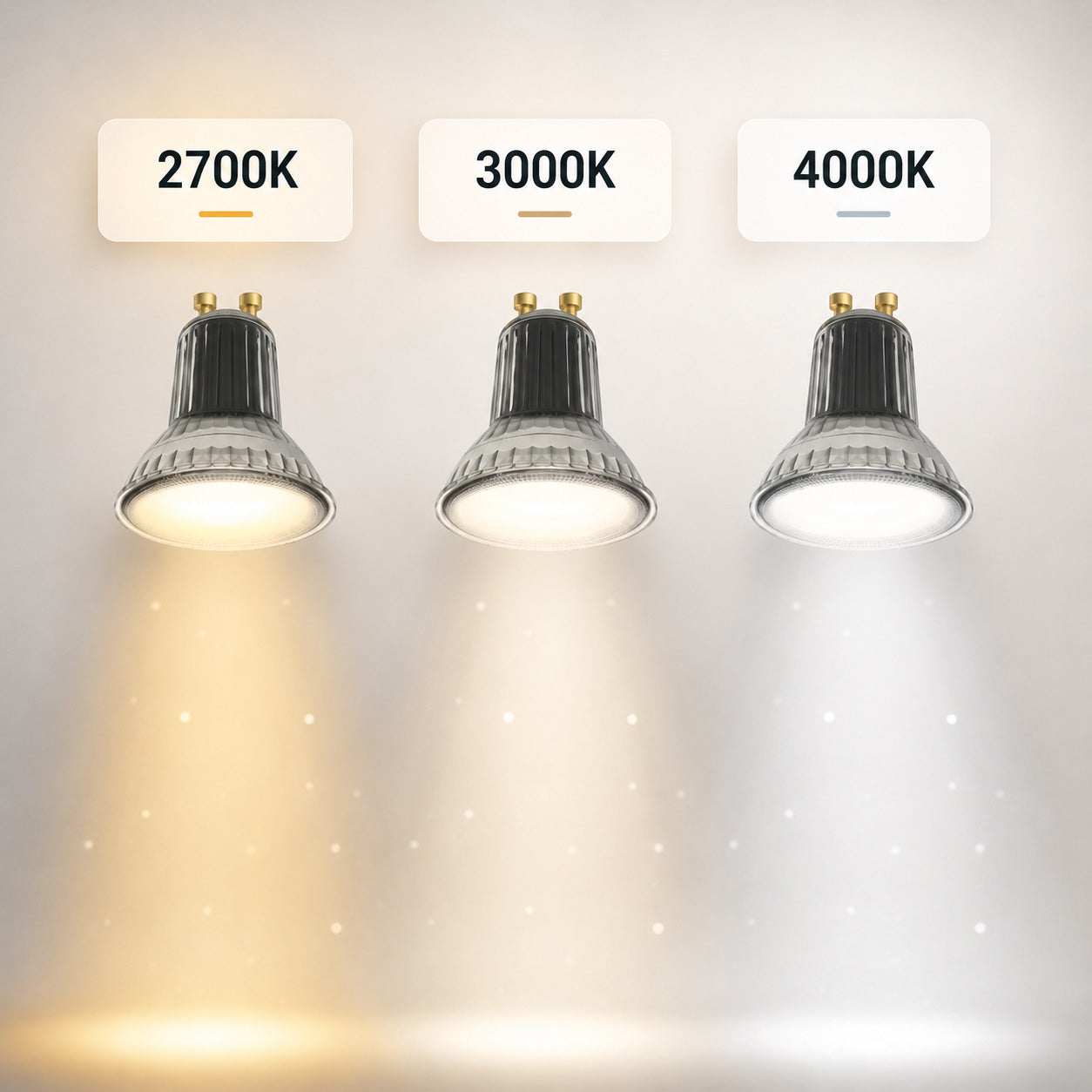 Warm white 3000K GU10 beam compared with 2700K and 4000K colour temperatures