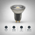 Nimbus Pro GU10 3000K bulb specifications — 575 lumens, 36-degree beam, CRI97 colour accuracy