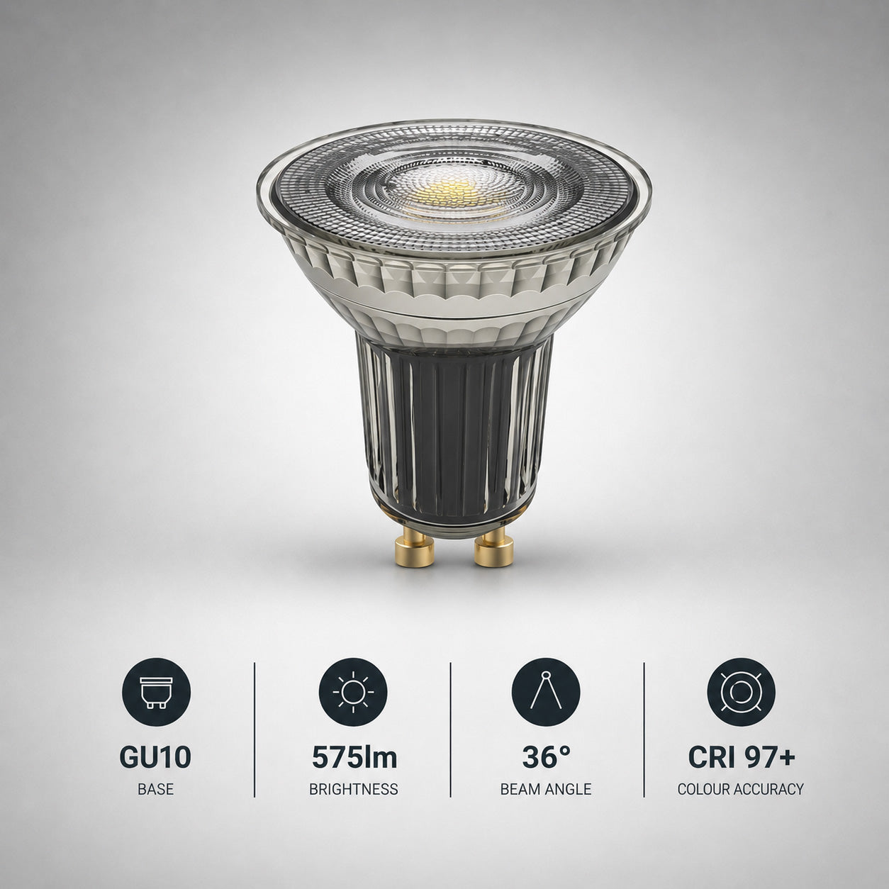 Nimbus Pro GU10 3000K bulb specifications — 575 lumens, 36-degree beam, CRI97 colour accuracy