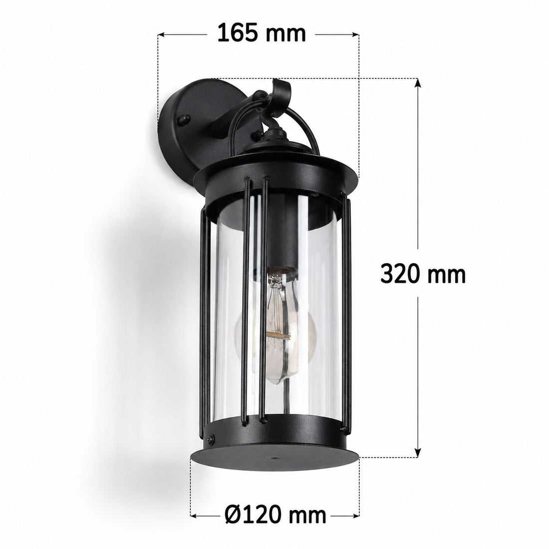 Dimensions for Alicia Industrial Outdoor Wall Light — Glass, Black