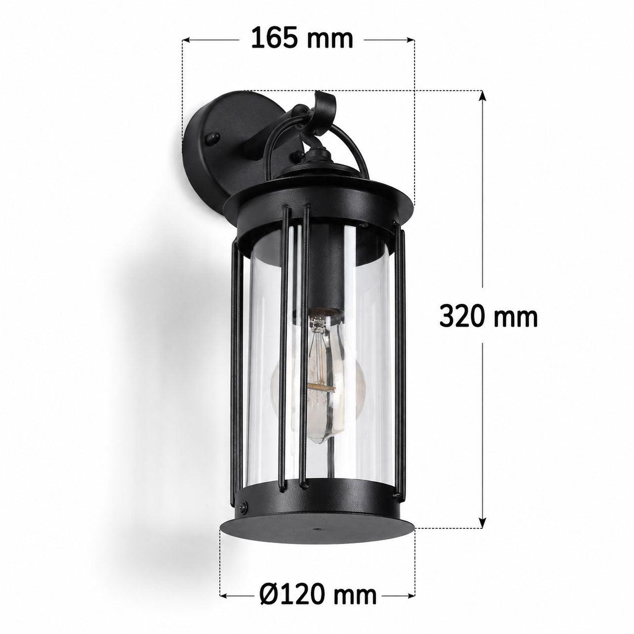 Alicia black outdoor wall lantern dimensions: 165mm wide, 320mm high