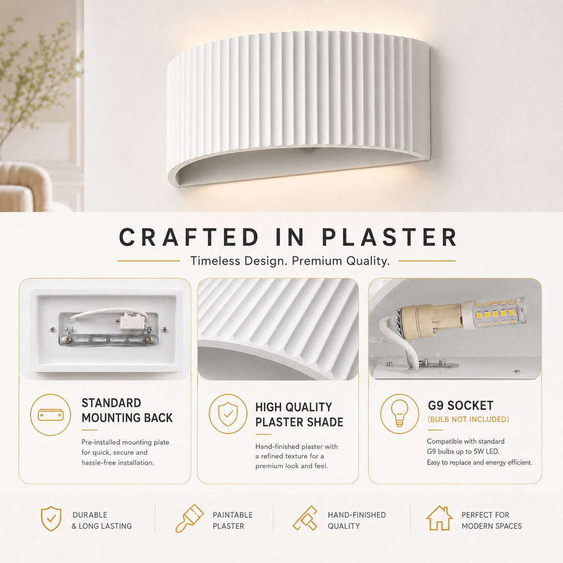 Onda Ribbed Paintable Up Down Wall Light — Plaster, White detail