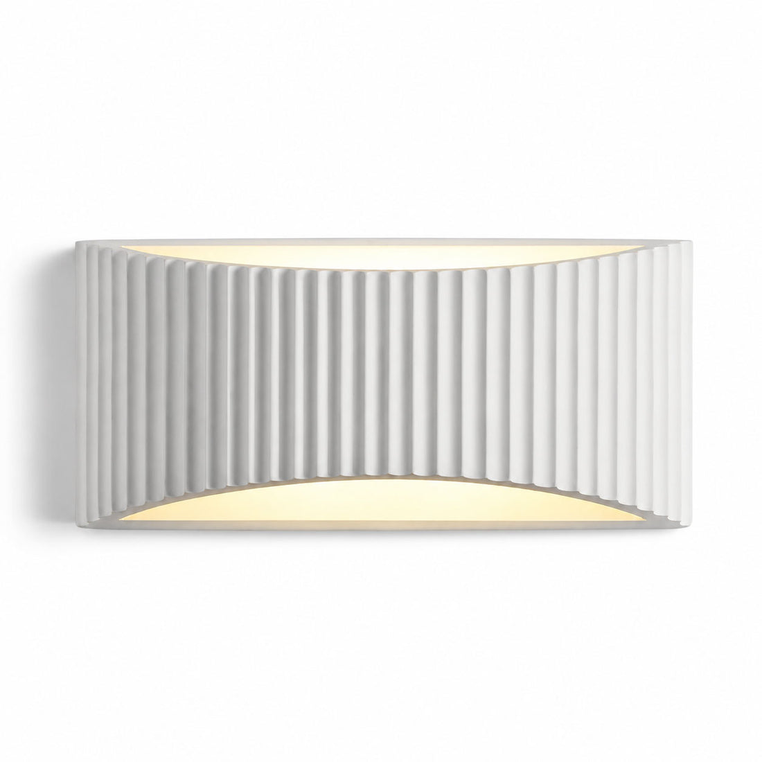 White fluted wave wall light glowing up and down, front view