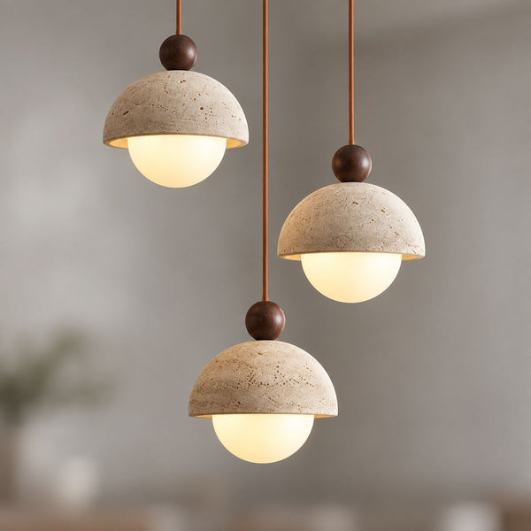 Opale Travertine & Opal Glass Pendant Light — 3 Lights
