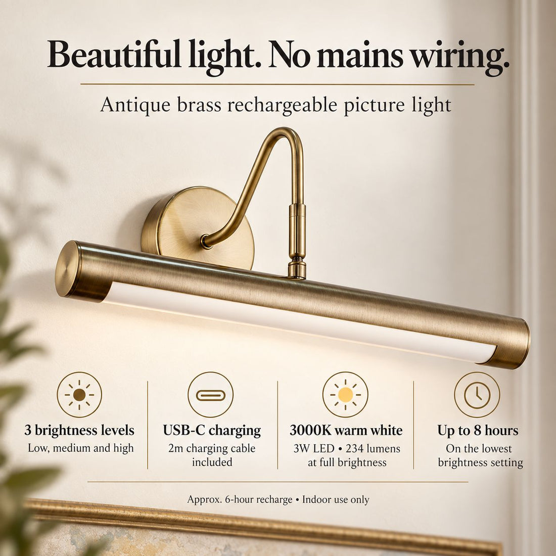Oriel Rechargeable Picture Light — Antique Brass, 35cm