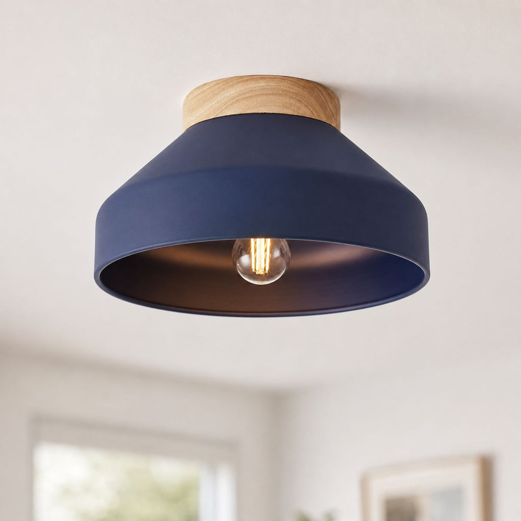 Oslo midnight blue semi-flush ceiling light with wood base, angled view on white