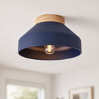 Oslo midnight blue semi-flush ceiling light with wood base, angled view on white