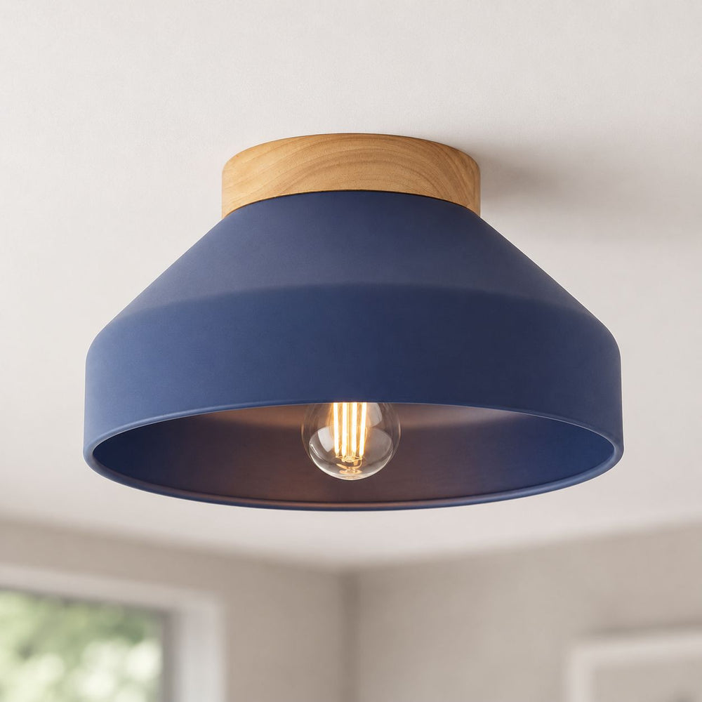 Oslo Semi-Flush Ceiling Light — Midnight Blue, Wood Base after dark