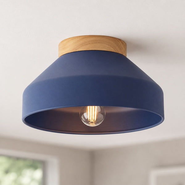 Oslo midnight blue semi-flush ceiling light with wood base and filament bulb, lit