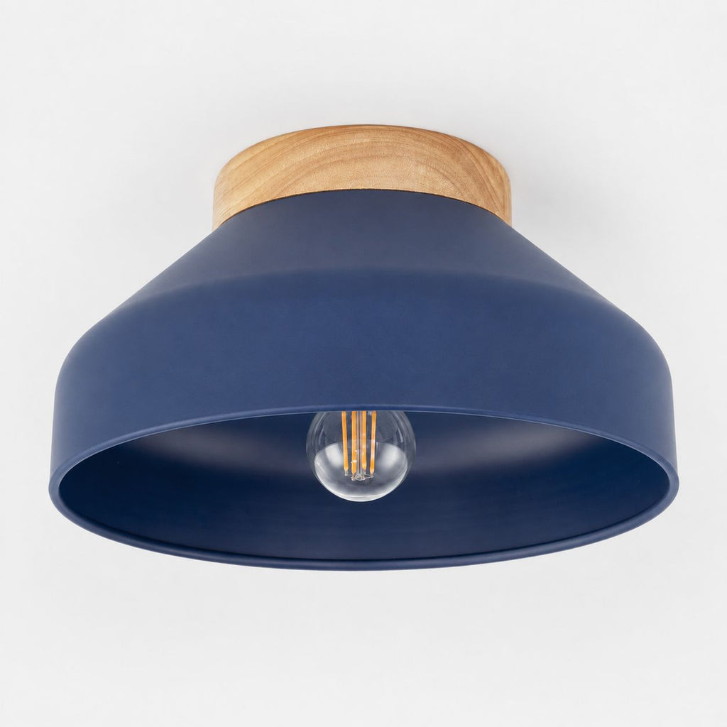 Oslo midnight blue semi-flush ceiling light, view from below showing the bulb