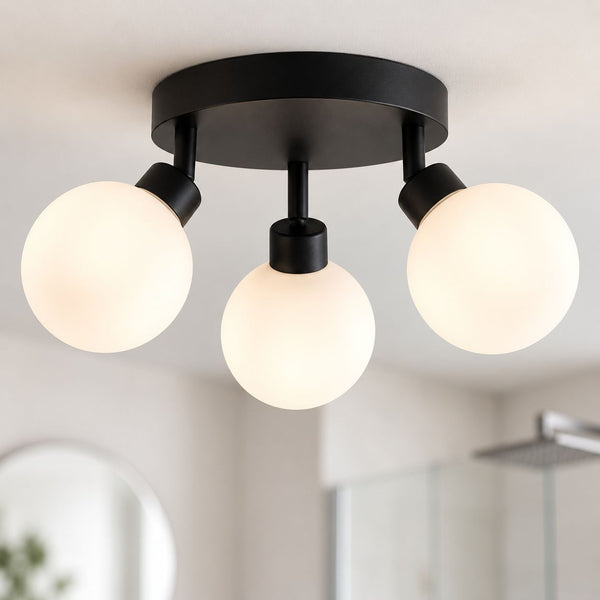 Otto Adjustable Triple Spot Ceiling Light — Black & Opal Glass, IP44