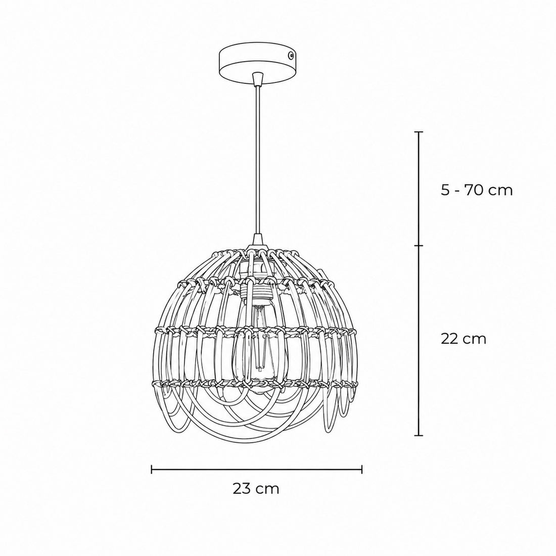 Dimensions for Palmite Rattan Pendant Light — Natural Woven, 23cm