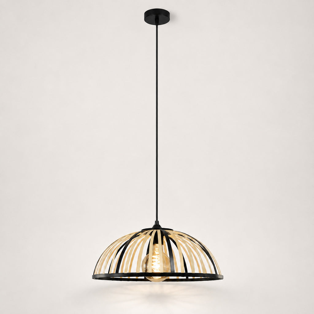 Perna Bamboo & Black Metal Pendant — Natural Slat, 40cm