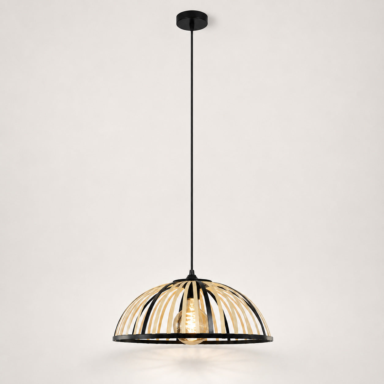 Perna Bamboo & Black Metal Pendant — Natural Slat, 40cm