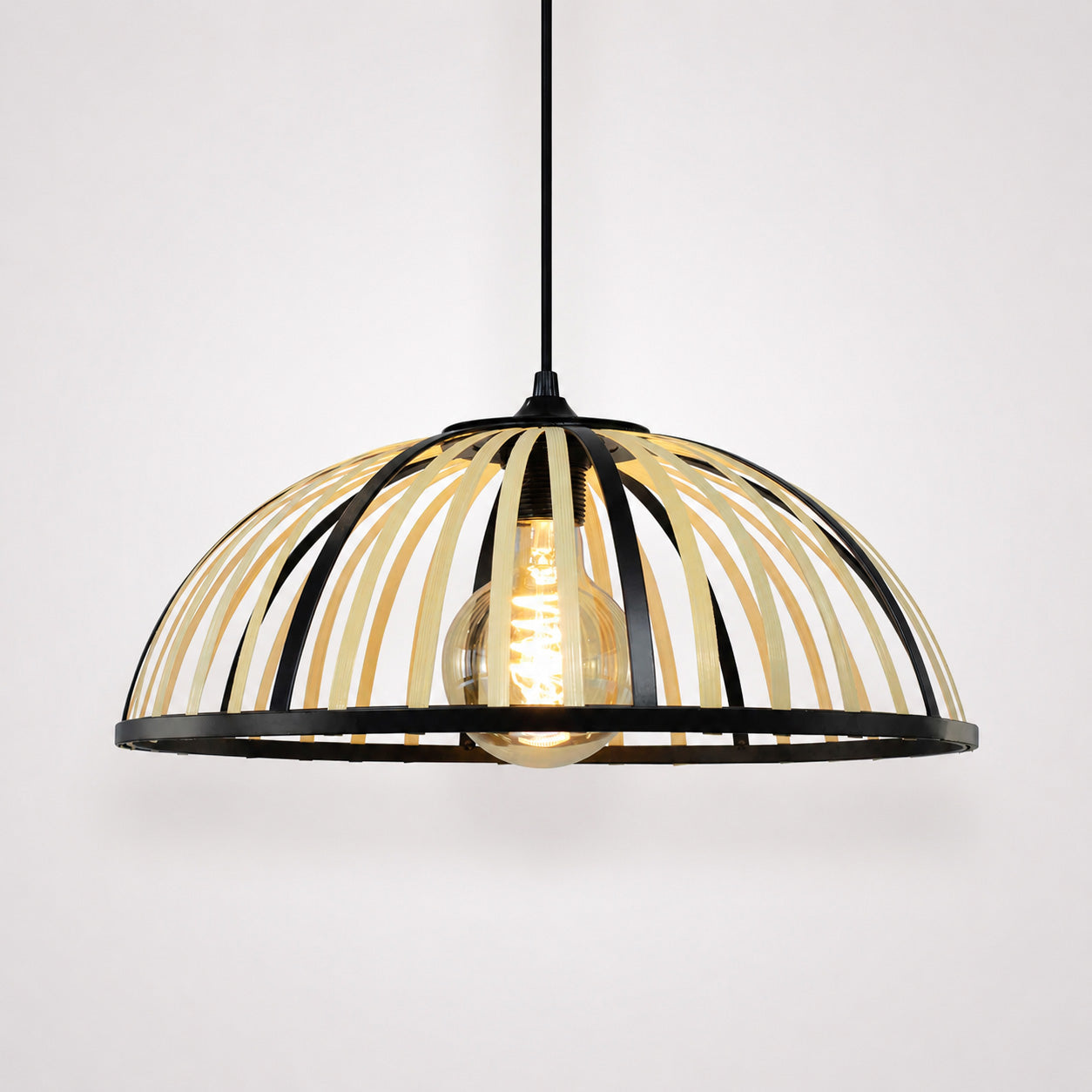Perna Bamboo & Black Metal Pendant — Natural Slat, 40cm