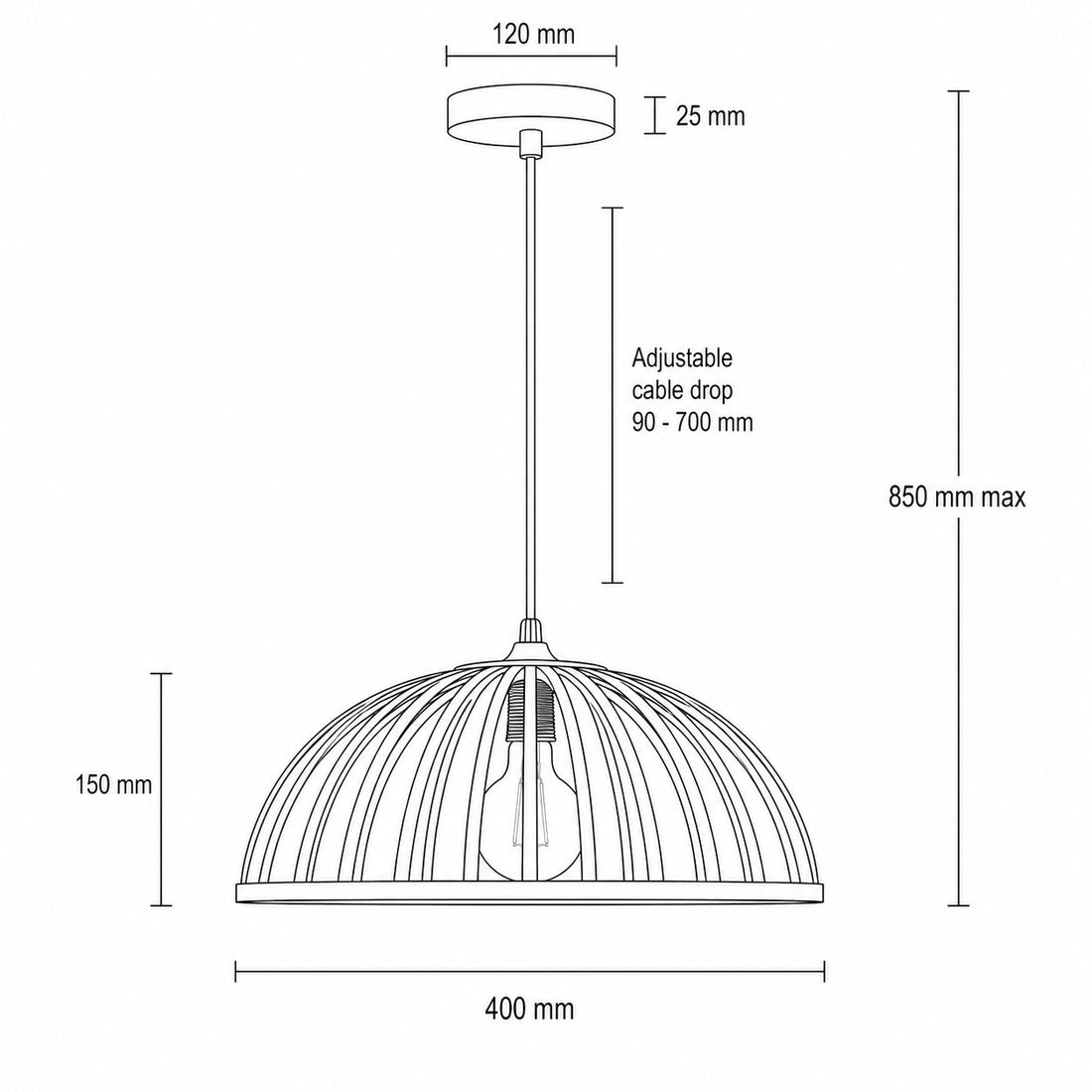 Perna Bamboo & Black Metal Pendant — Natural Slat, 40cm detail