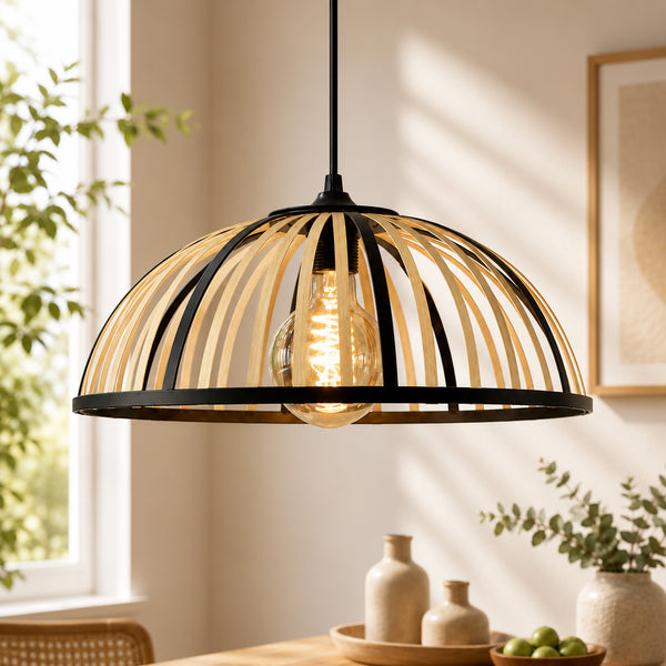 Perna Bamboo & Black Metal Pendant — Natural Slat, 40cm