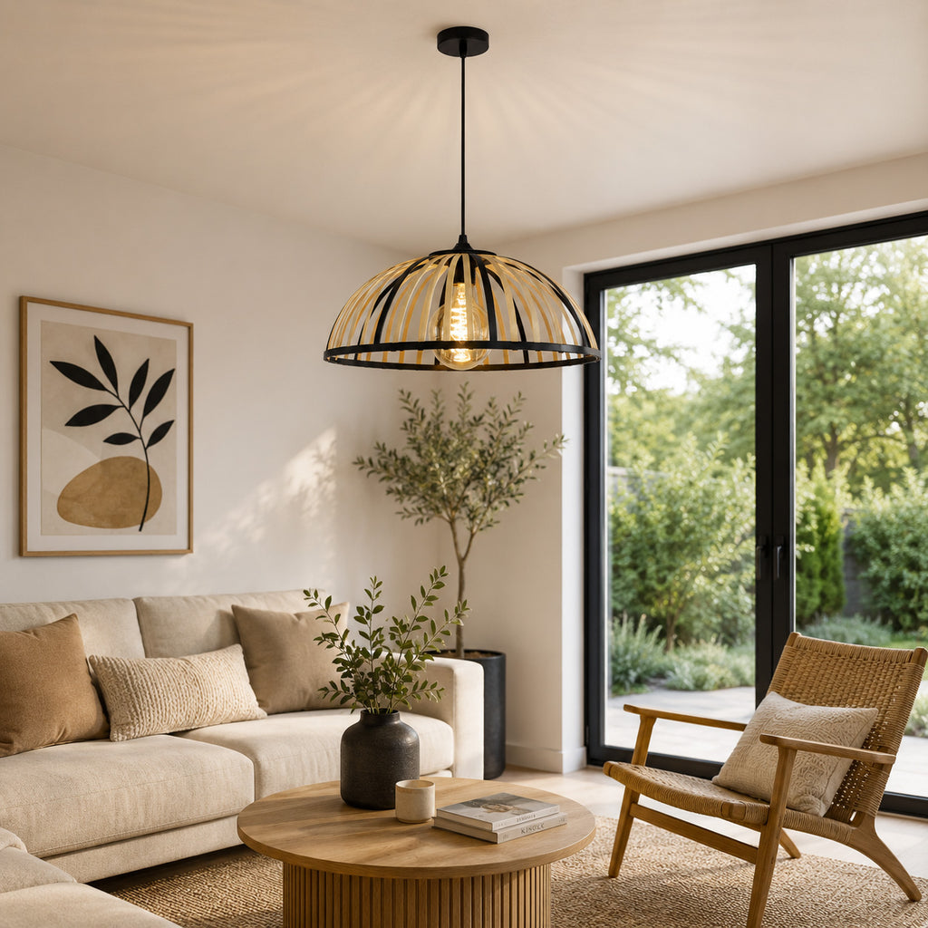 Perna Bamboo & Black Metal Pendant — Natural Slat, 40cm