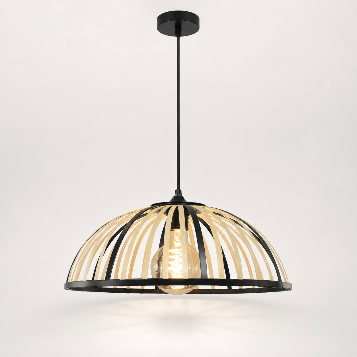 Perna Bamboo & Black Metal Pendant — Natural Slat, 40cm