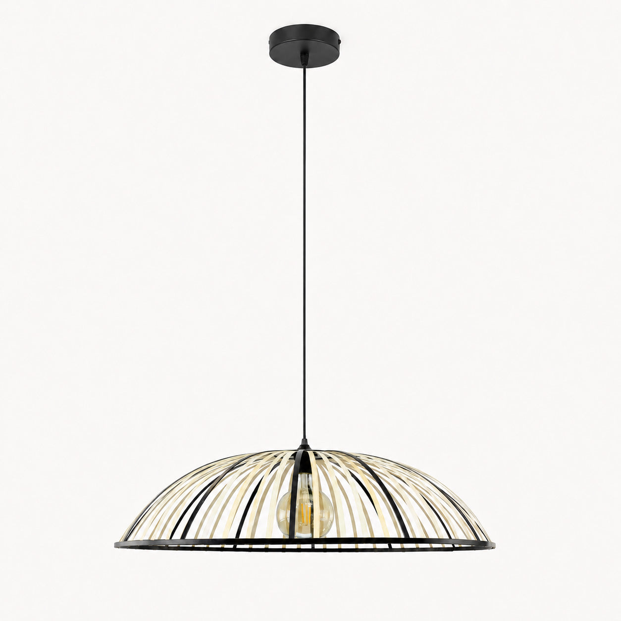 Perna Bamboo & Black Metal Pendant — Natural Slat, 80cm
