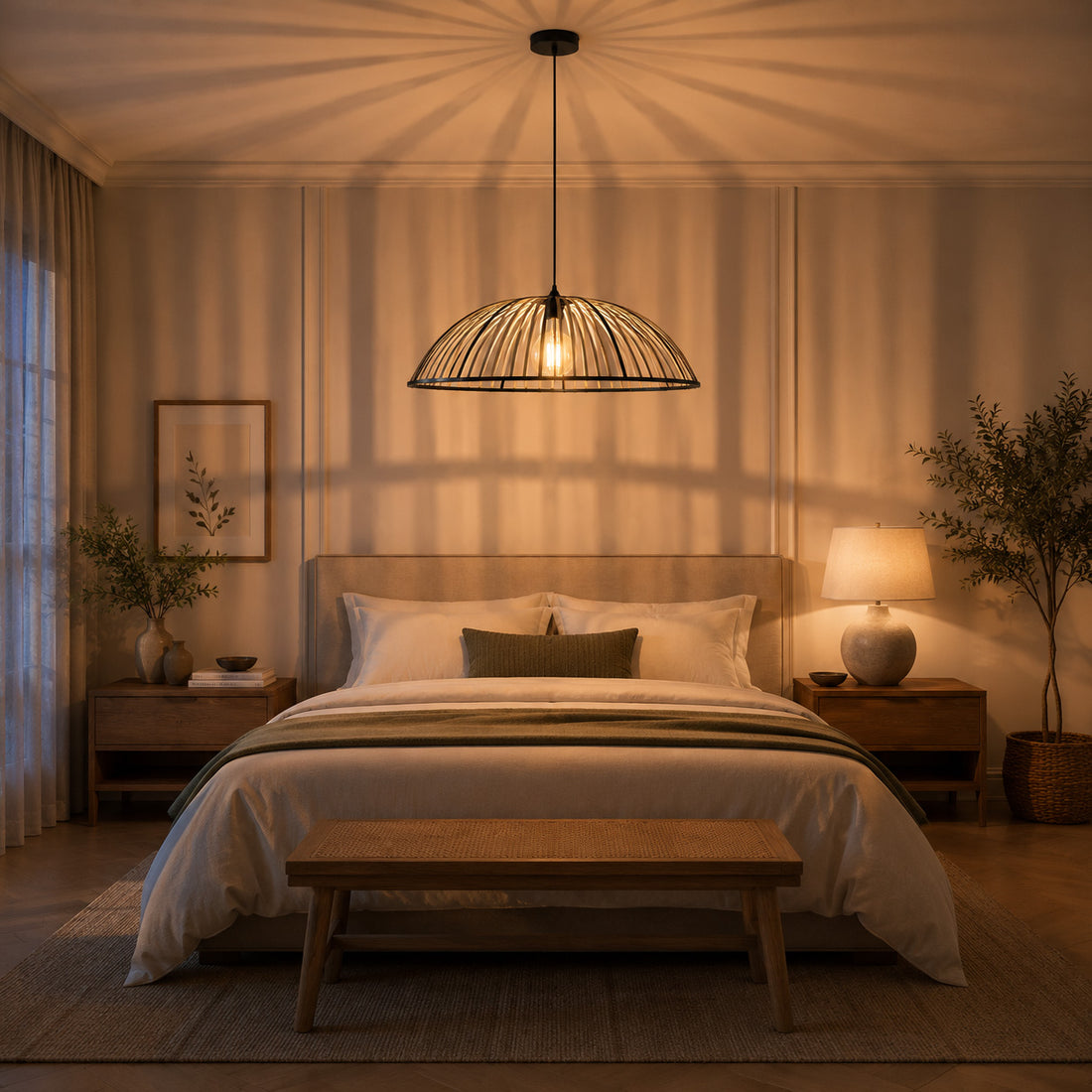 How Perna Bamboo & Black Metal Pendant — Natural Slat, 80cm lights a room