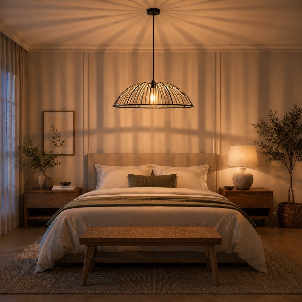 Perna Bamboo & Black Metal Pendant — Natural Slat, 80cm