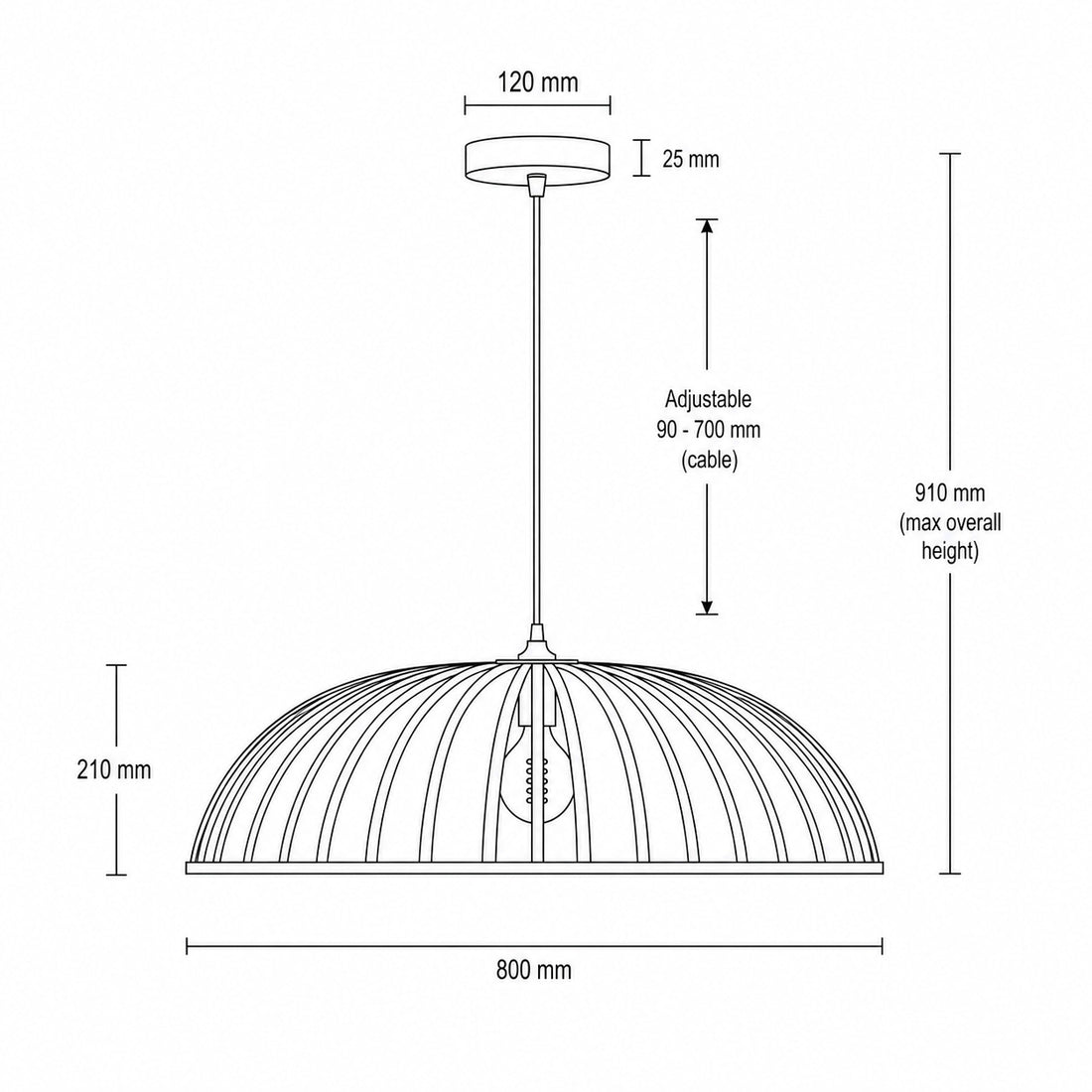 Dimensions for Perna Bamboo & Black Metal Pendant — Natural Slat, 80cm
