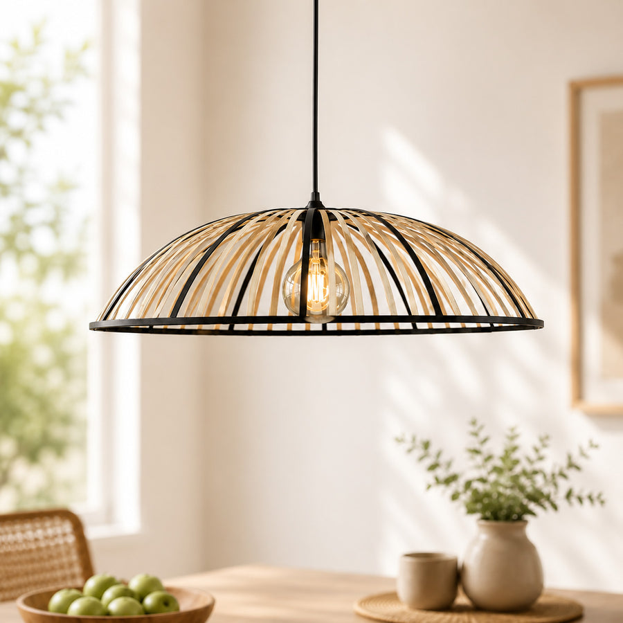 Perna Bamboo & Black Metal Pendant — Natural Slat, 80cm