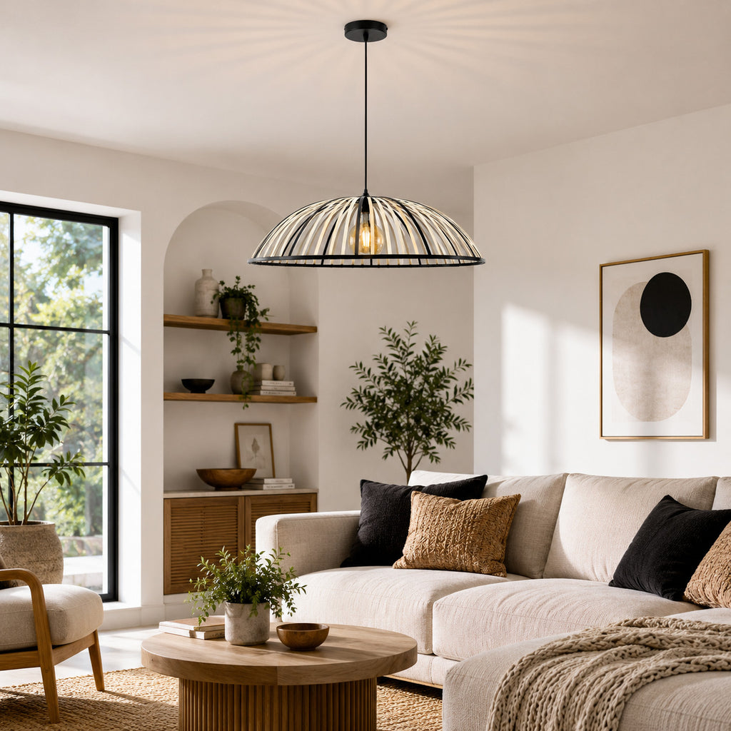 Perna Bamboo & Black Metal Pendant — Natural Slat, 80cm