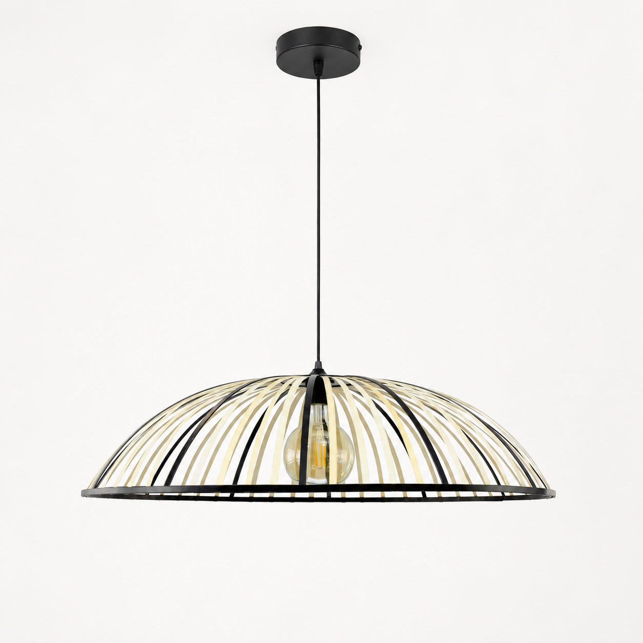 Perna Bamboo & Black Metal Pendant — Natural Slat, 80cm