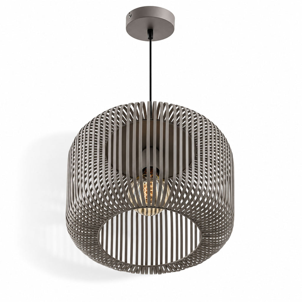 Raina light grey open wire sphere pendant, angled view showing the filament bulb inside