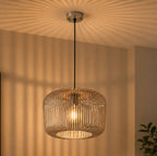 Woven pendant light hanging in a room with a couch and plant