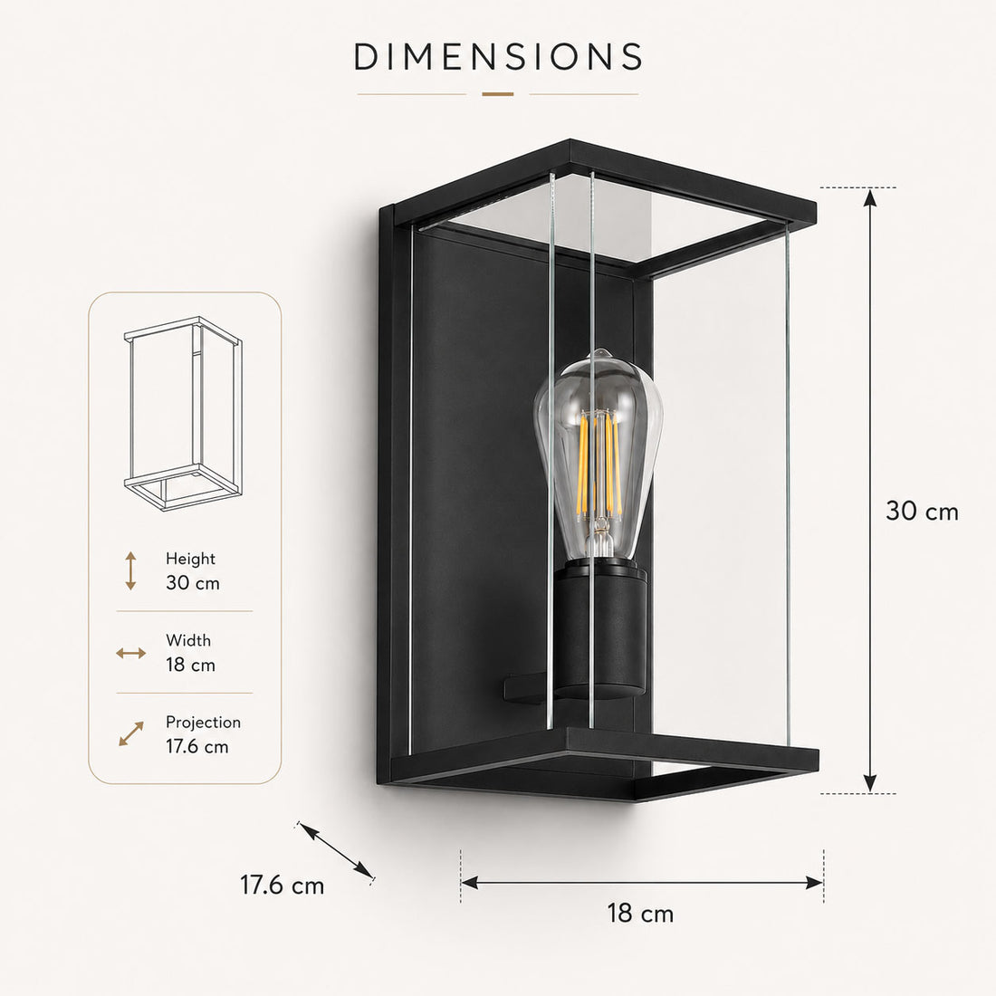 Dimensions for Ravenna Outdoor Box Wall Light — Glass, Anthracite