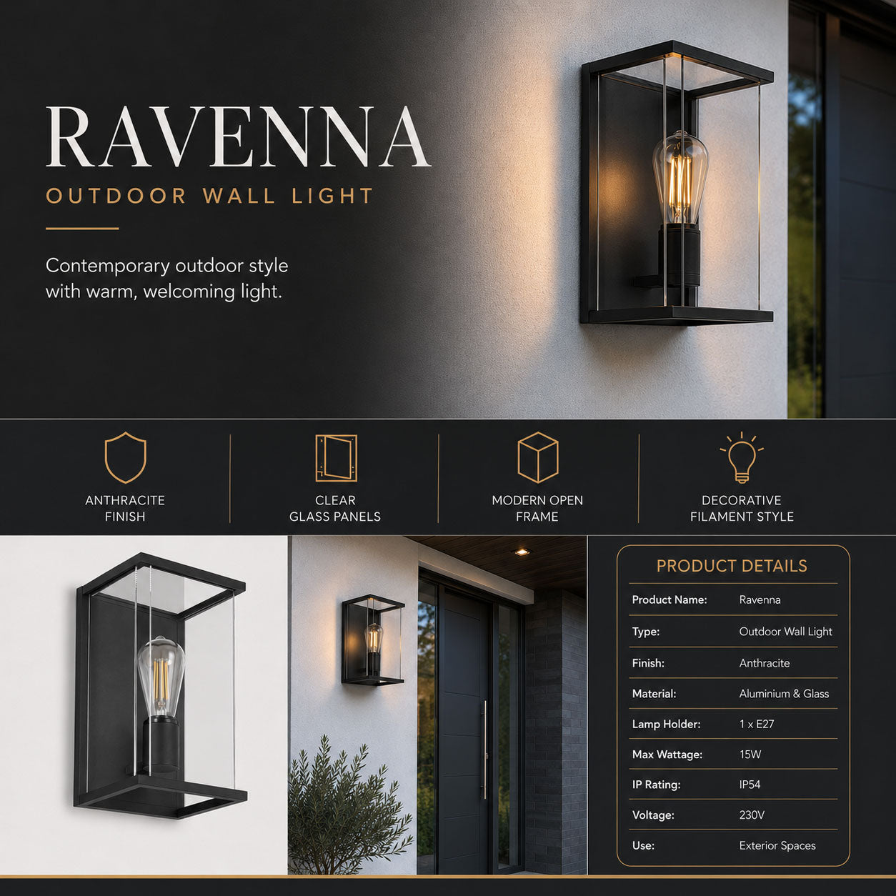 Ravenna Outdoor Box Wall Light — Glass, Anthracite