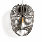 Riva light grey cage pendant, close-up of the tapered wire body and bulb