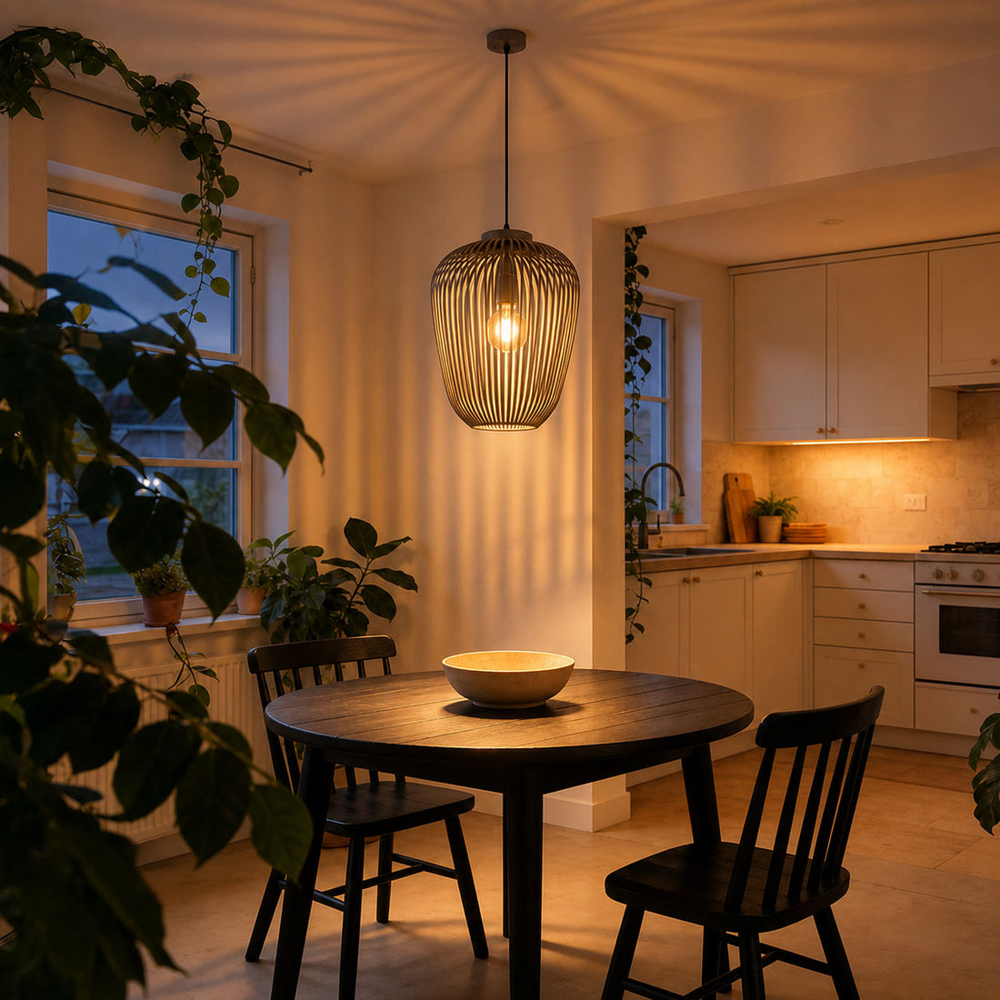 How Riva Cylindrical Cage Pendant Light — Metal, Light Grey lights a room