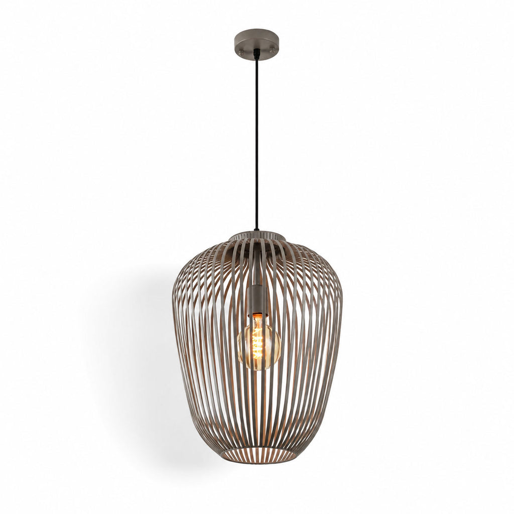 Riva light grey cylindrical wire cage pendant light with filament bulb, on white