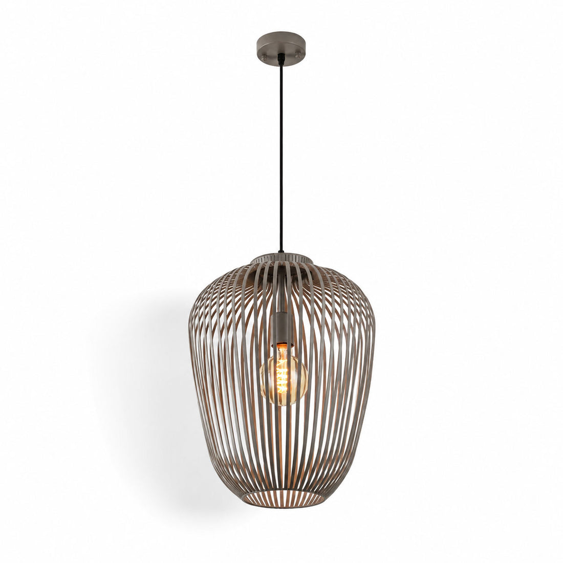 Riva light grey cylindrical wire cage pendant light with filament bulb, on white