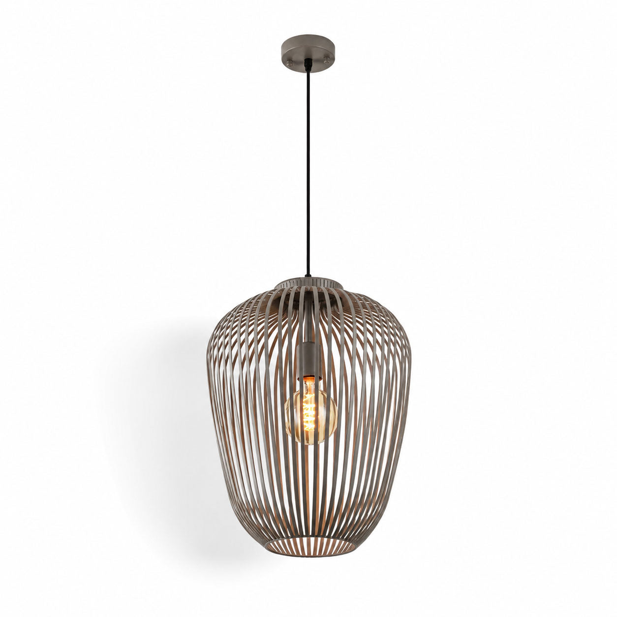 Riva light grey cylindrical wire cage pendant light with filament bulb, on white