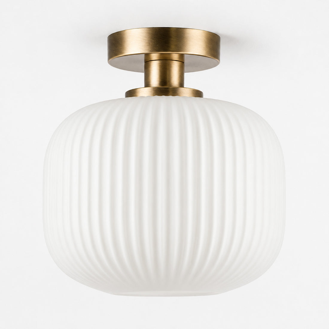 Rivoli fluted glass semi-flush light unlit showing brass gallery