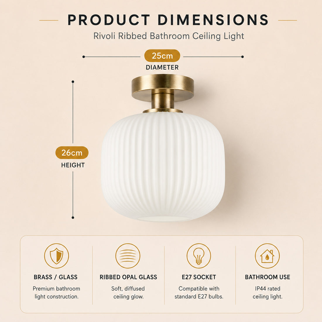 Dimensions for Rivoli Ribbed Ceiling Light — Glass, Antique Brass