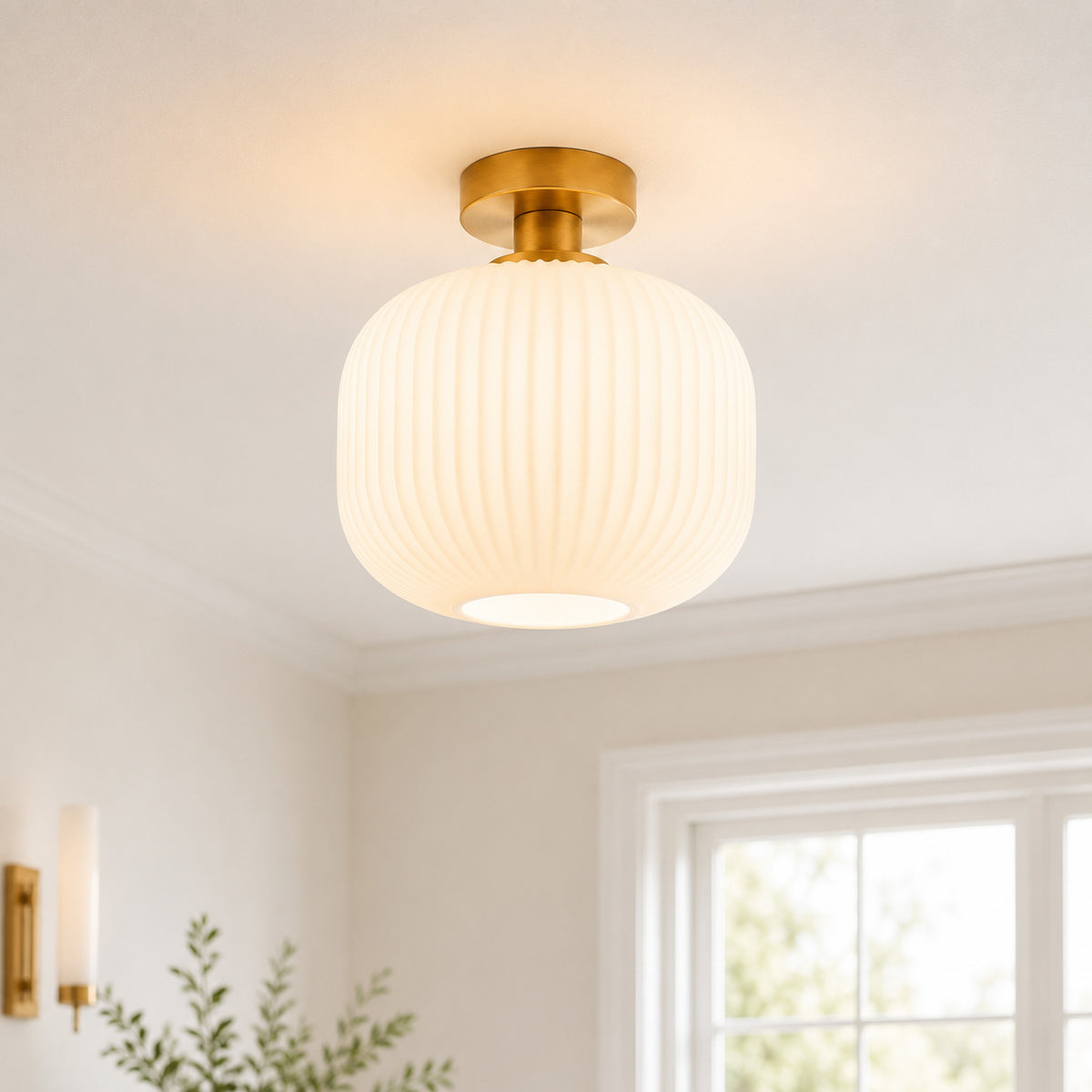 Rivoli Ribbed Ceiling Light — Glass, Antique Brass