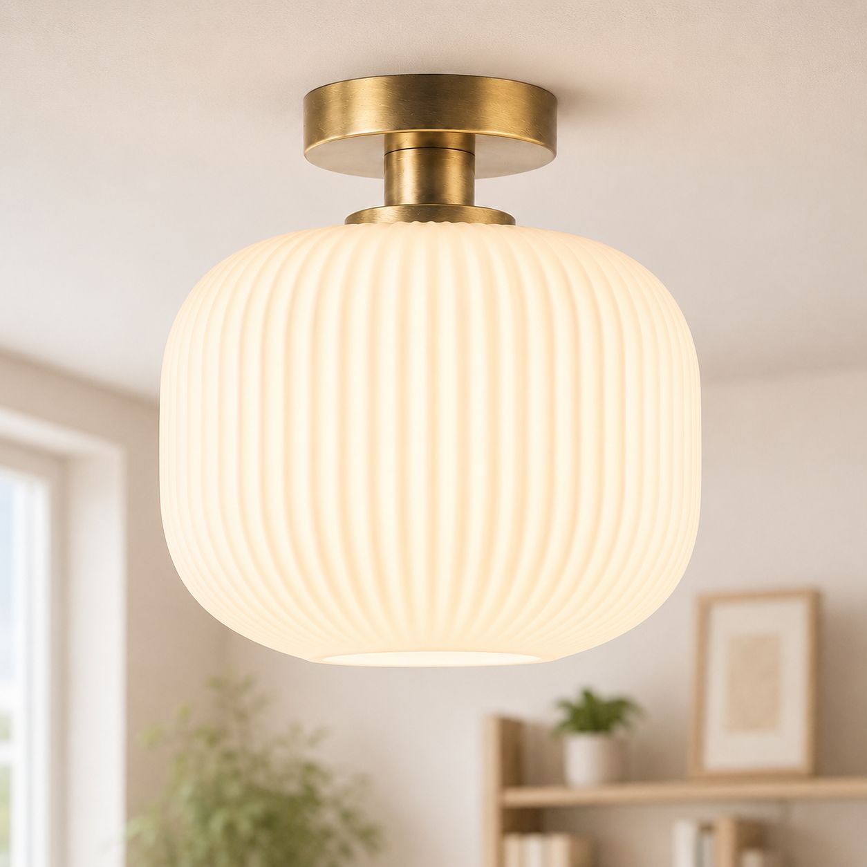 Rivoli antique brass semi-flush ceiling light with white ribbed glass shade, lit