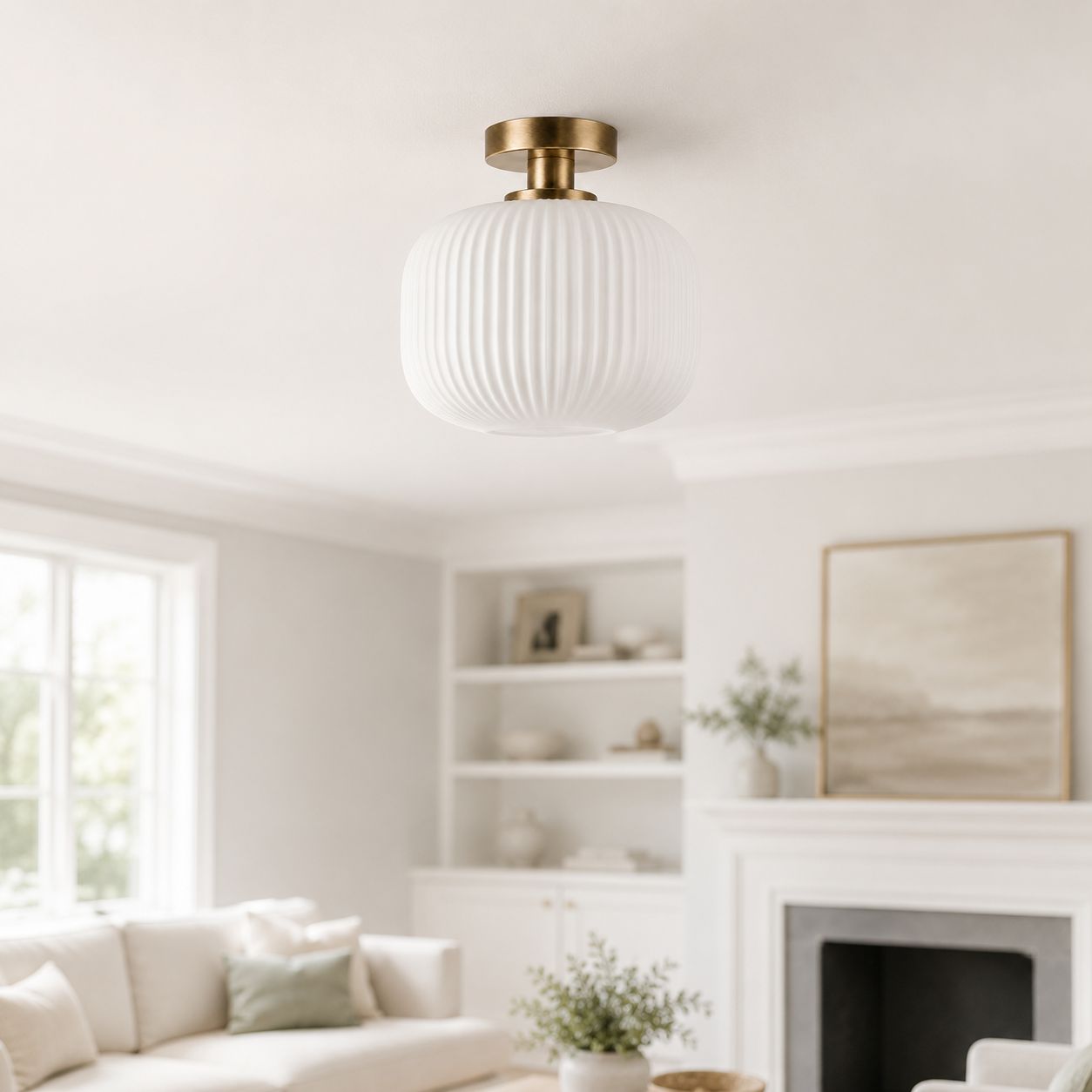 Rivoli ribbed glass semi-flush ceiling light in a white living room with fireplace
