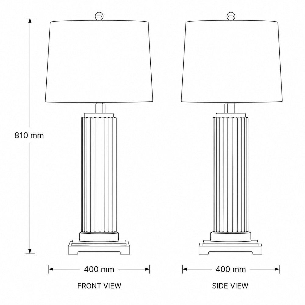 Dimensions for Roma Glass Table Lamp — Fluted Glass & Chrome, Herringbone Shade