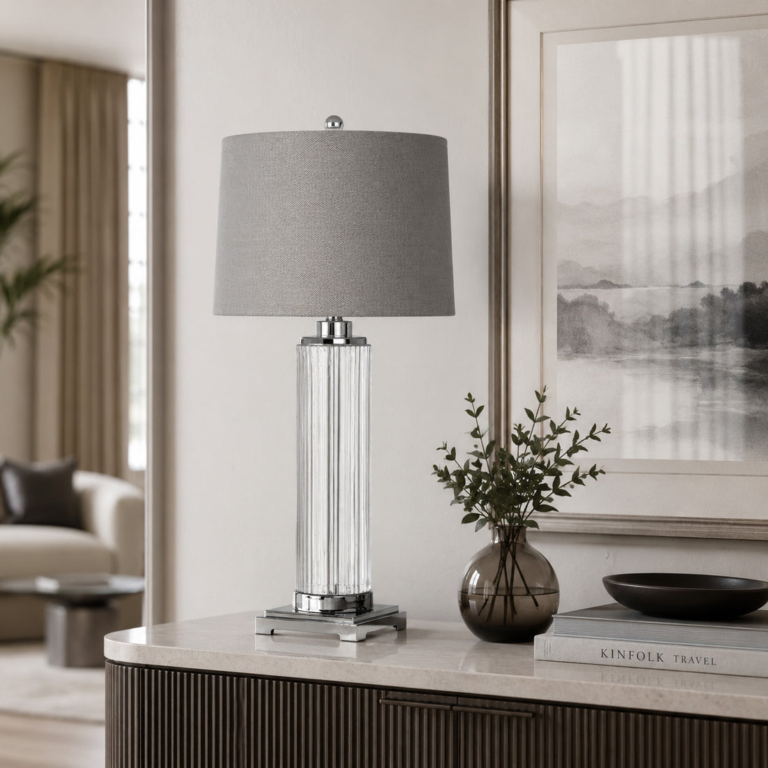 Roma fluted glass table lamp with grey herringbone shade on a ribbed sideboard
