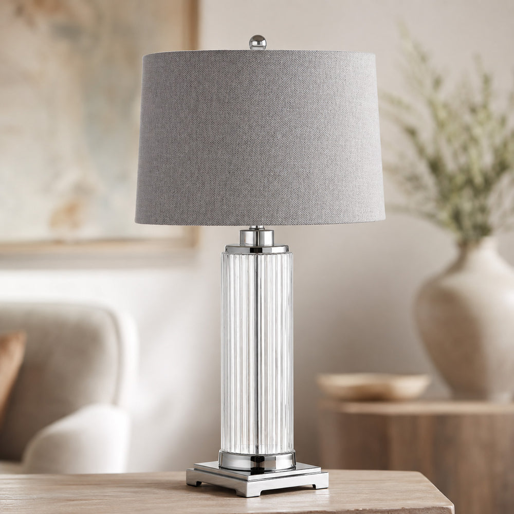 Clear & Chrome detail on Roma Glass Table Lamp — Fluted Glass & Chrome, Herringbone Shade