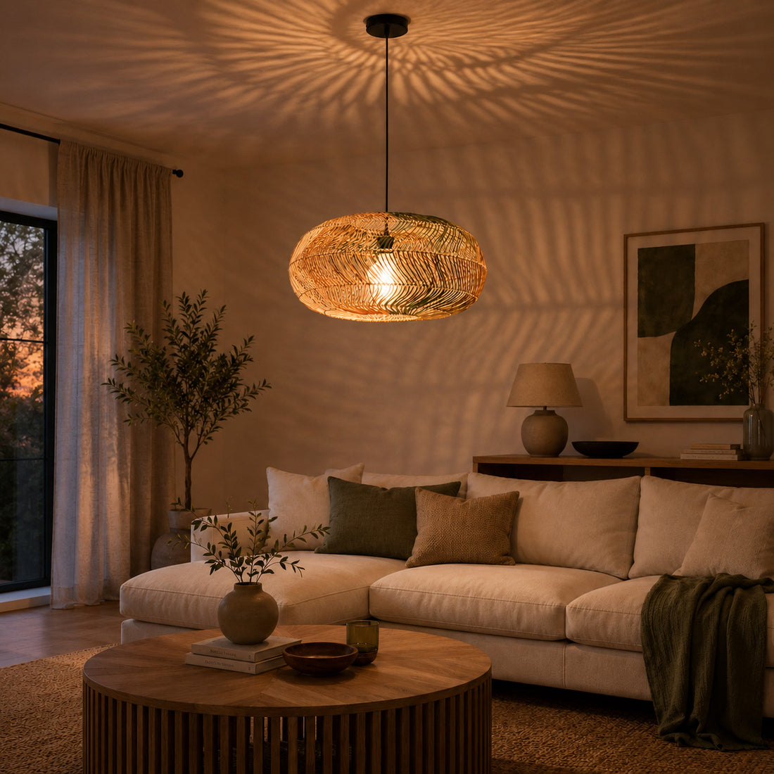 How Rosco XXL Woven Rattan Pendant Light — Multi-Colour, 58cm lights a room