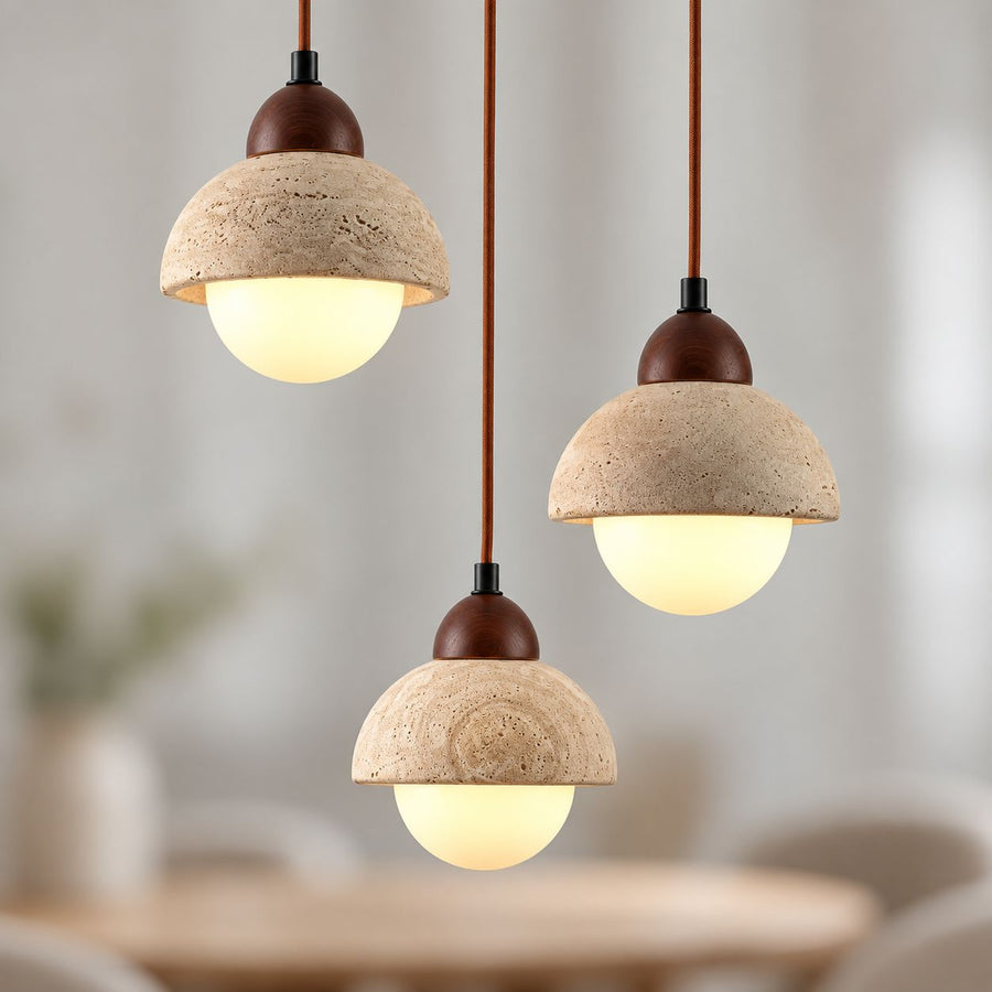 Sabbia Travertine & Glass Pendant Light — 3 Lights, Round