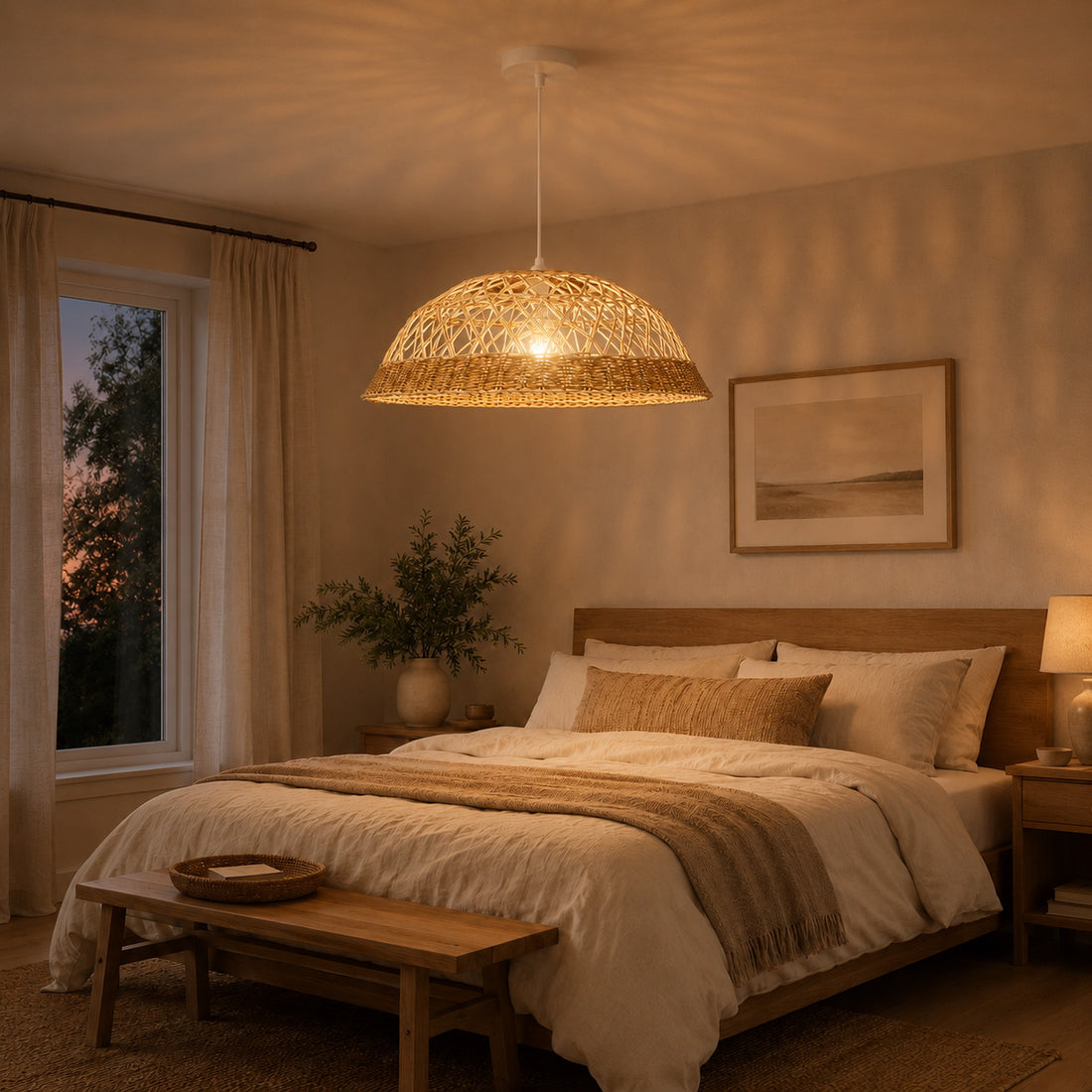 How Saranne Two-Tone Rattan Pendant Light — Natural & Brown, 57cm lights a room